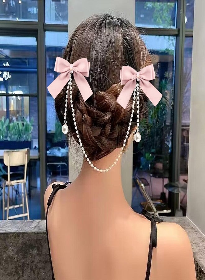 TUCEWP Satin Bow Hair Clips Pearl Tassel Chain Hair Bows Barrettes Pink Bow Claw Clip Hairpins Sweet Bowknot Snap Hair Clip Small Cute Alligator Hair Clips Hair Accessories for Women Girls Toddlers - Image 2